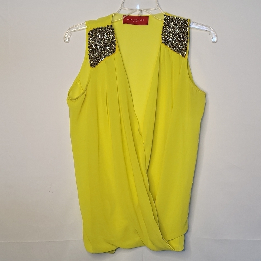 Akira Chicago red label yellow embellished sheer cross over blouse top sz Small